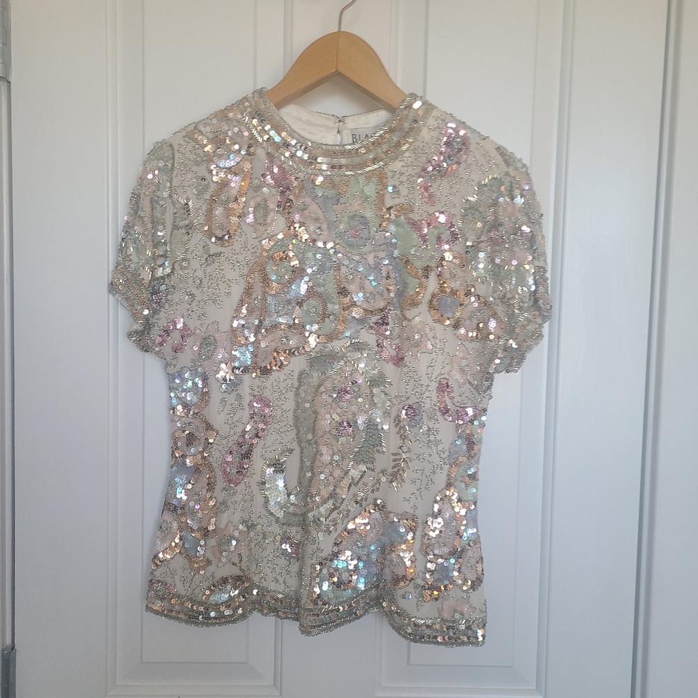BLACK TIE Olge Cassini Beautiful Vintage Beaded Top Size Small Silk